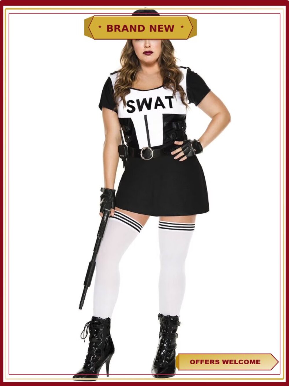 Plus Size SWAT Costume 4pc Dress Hat Belt Gloves